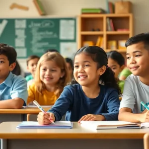 Students in a collaborative learning environment blending charter and public schooling.