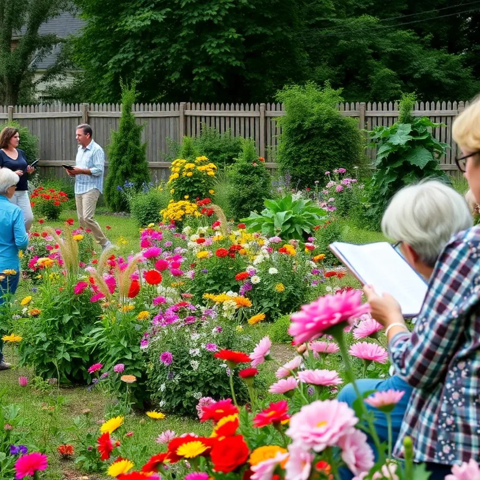 People enjoying a poetry reading in a community garden.
