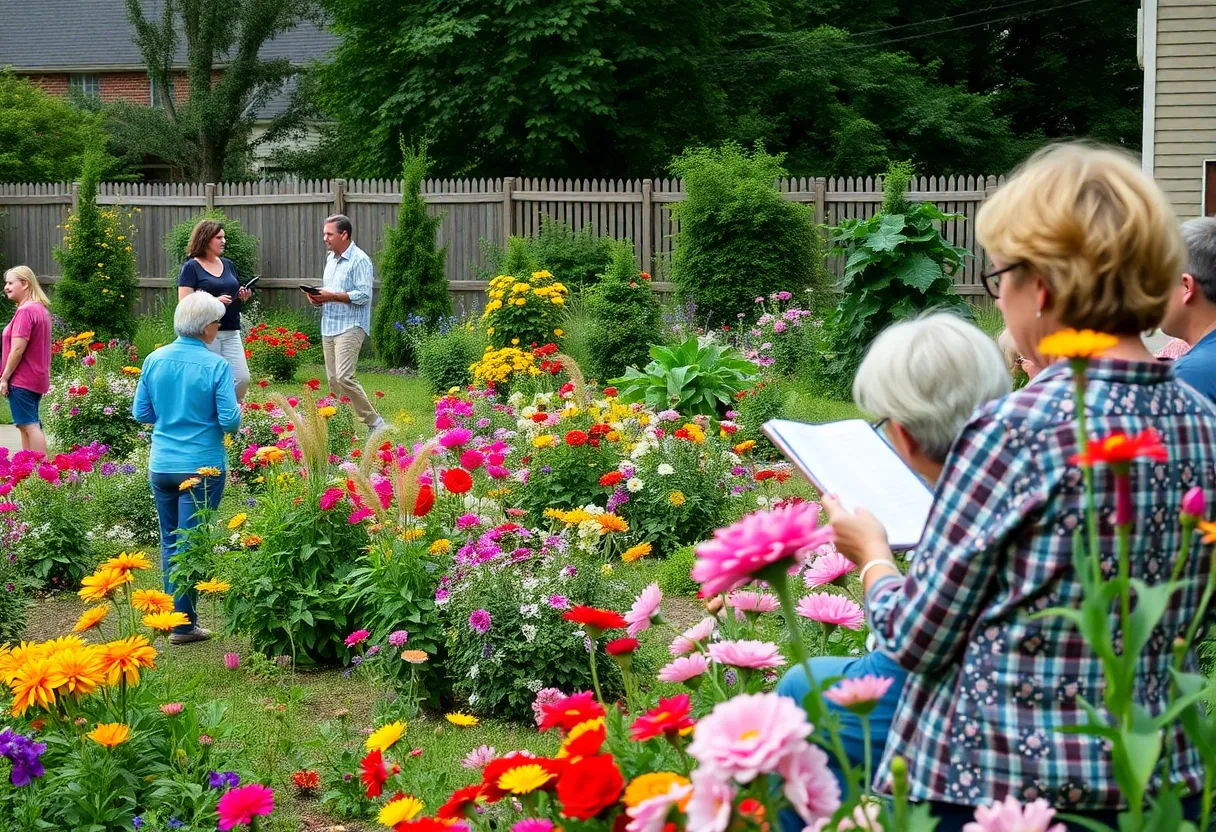 People enjoying a poetry reading in a community garden.