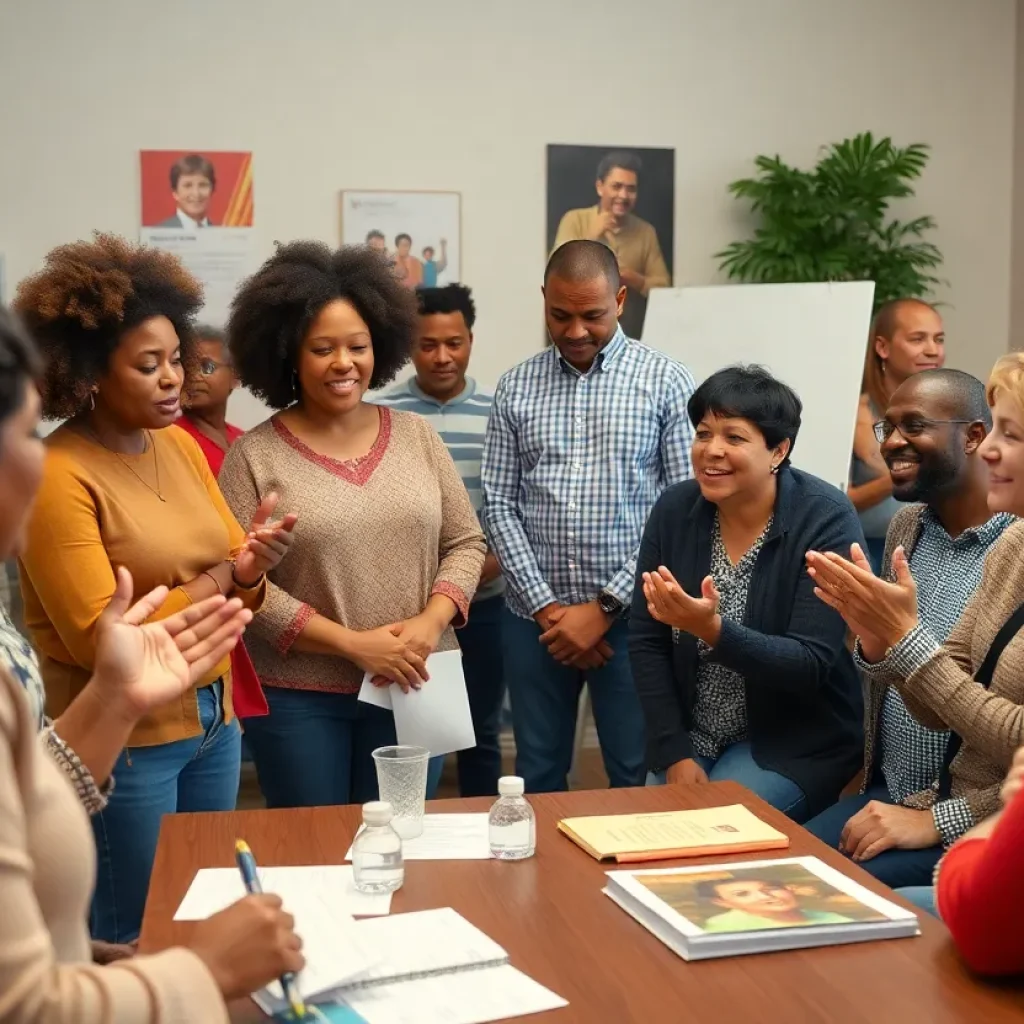 Citizens participating in a community meeting about voting rights