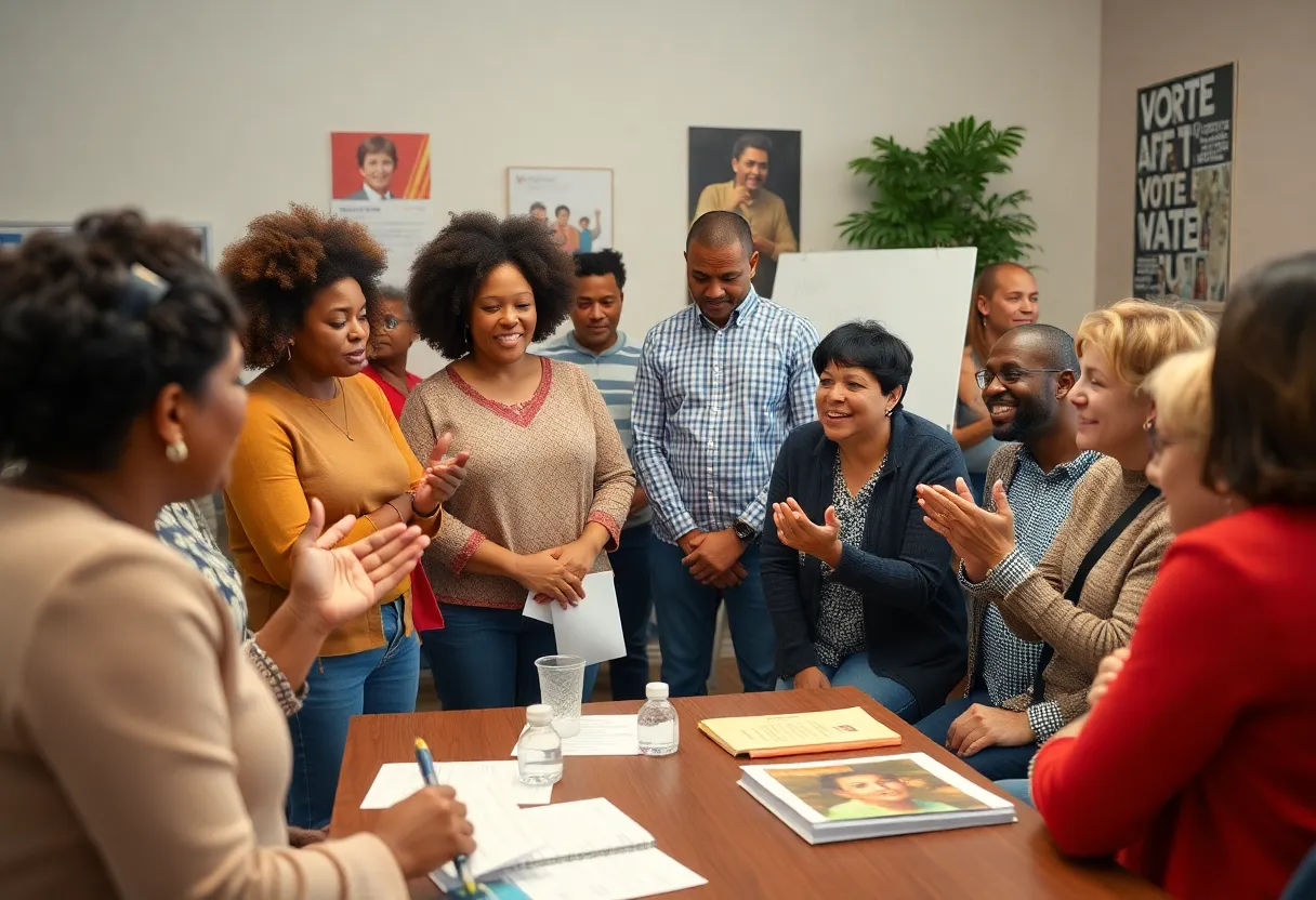 Citizens participating in a community meeting about voting rights