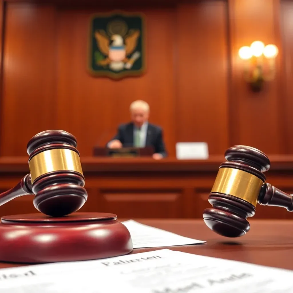 A federal courtroom with legal documents and a gavel representing an immigration law case.