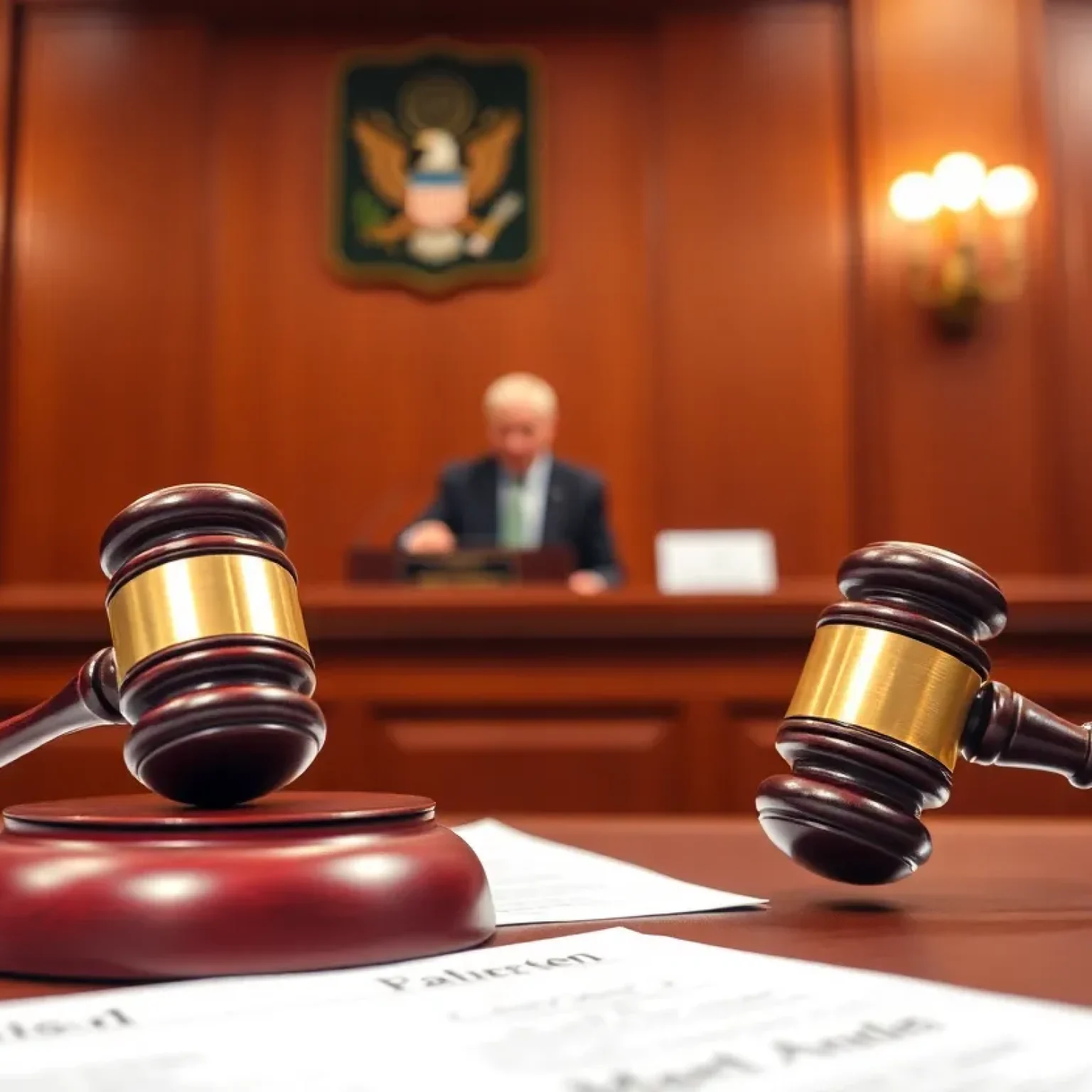 A federal courtroom with legal documents and a gavel representing an immigration law case.