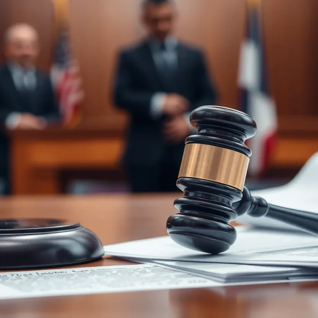 An empty courtroom with a gavel and legal documents on a table.