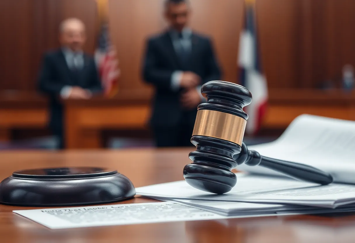 An empty courtroom with a gavel and legal documents on a table.