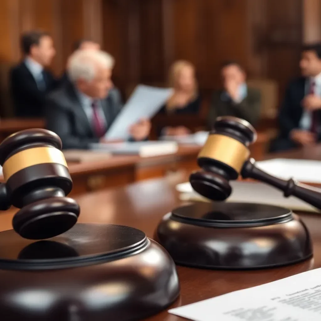 A courtroom with a judge's gavel on the bench and legal documents