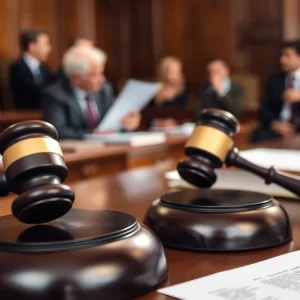 A courtroom with a judge's gavel on the bench and legal documents