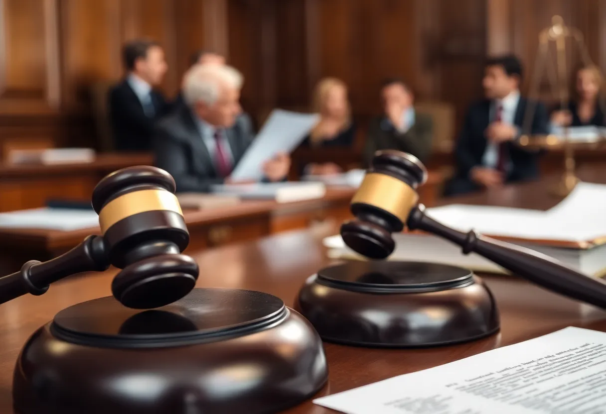 A courtroom with a judge's gavel on the bench and legal documents
