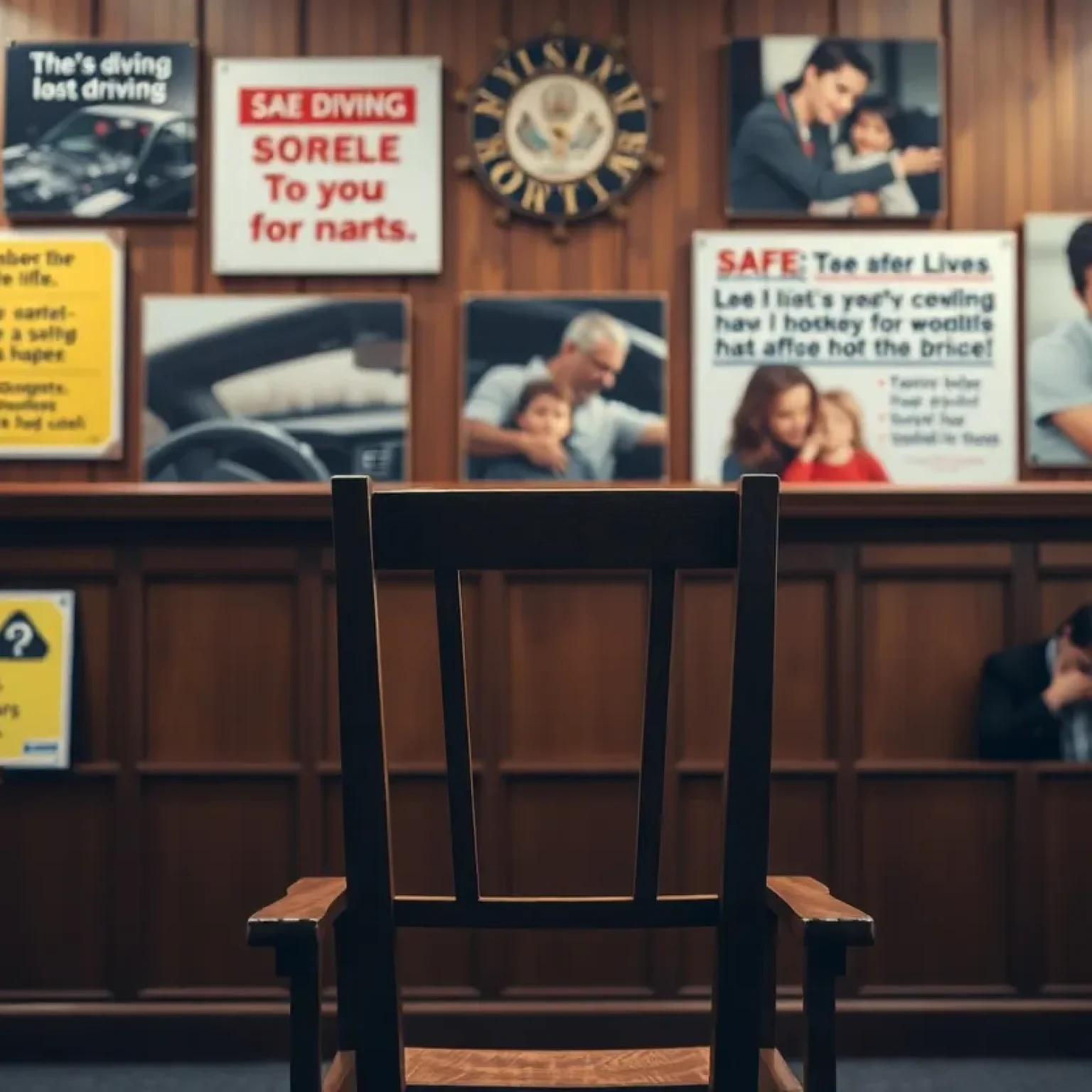 A courtroom with a focus on an empty chair representing loss, surrounded by safe driving reminders.