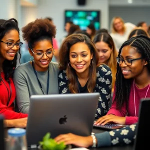 Diverse women participating in a tech summit focused on coding and empowerment.
