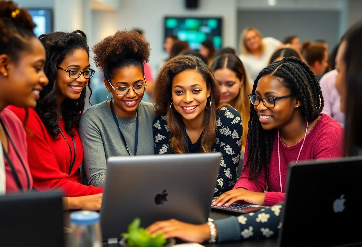 Diverse women participating in a tech summit focused on coding and empowerment.