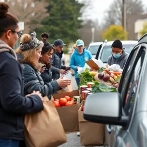 Volunteers helping at a food distribution event