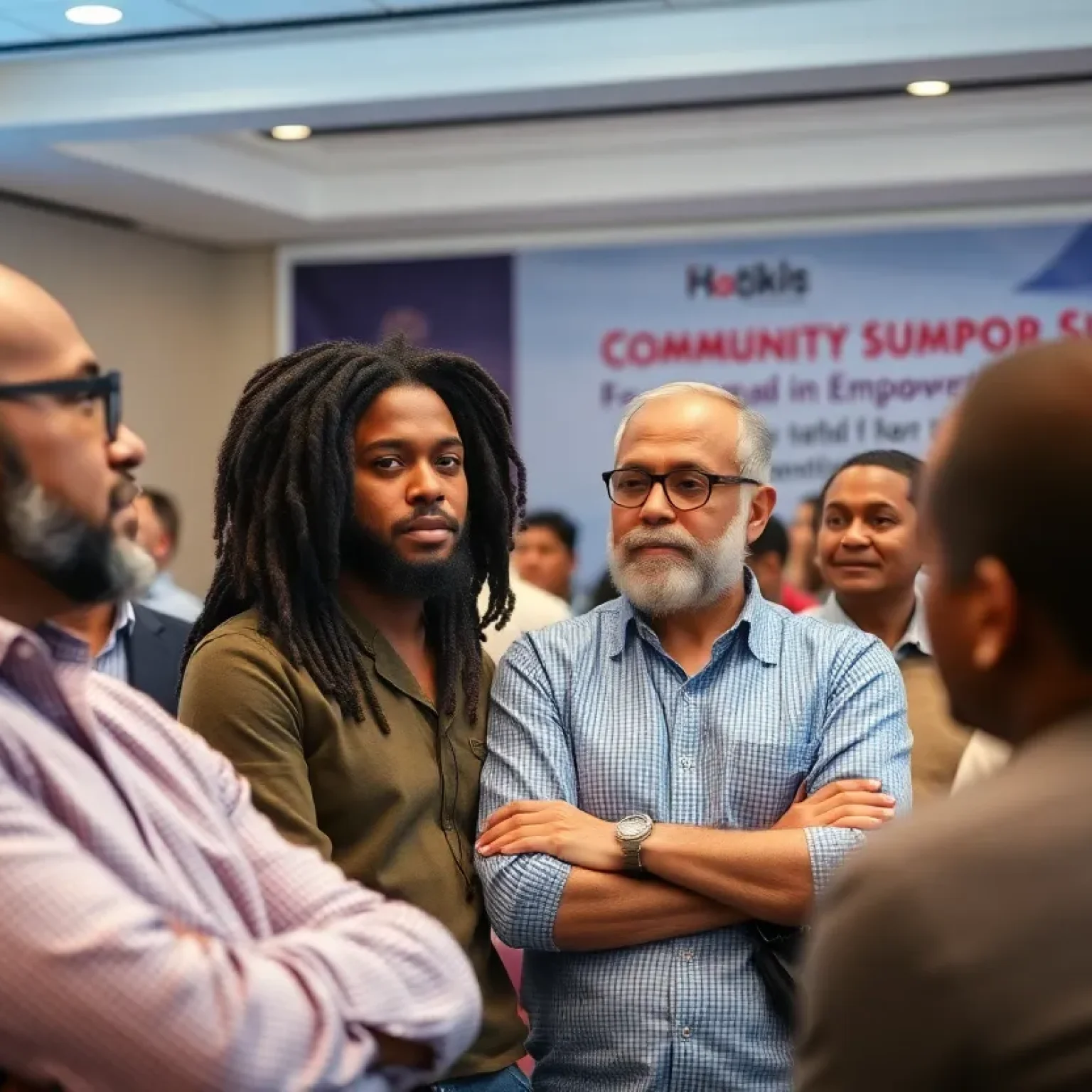 Diverse group of fathers sharing experiences at a conference
