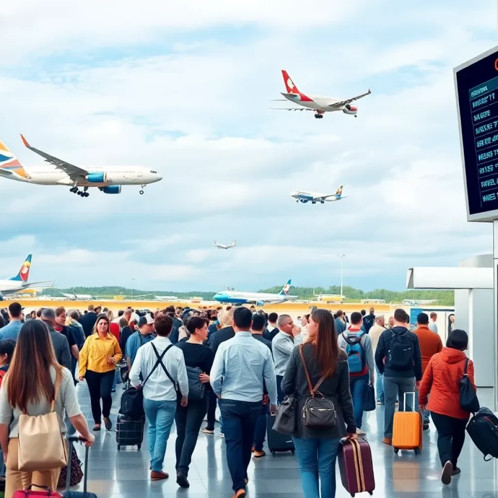 An airport scene showing flight cancellations and travelers