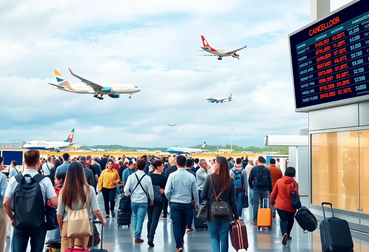 An airport scene showing flight cancellations and travelers