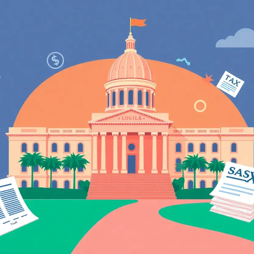 Illustration of Florida state capitol building with budget documents and tax symbols.