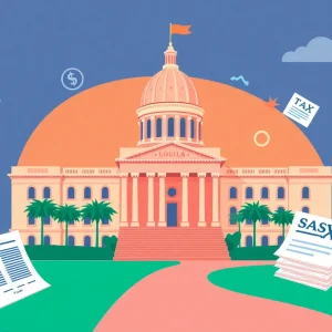 Illustration of Florida state capitol building with budget documents and tax symbols.
