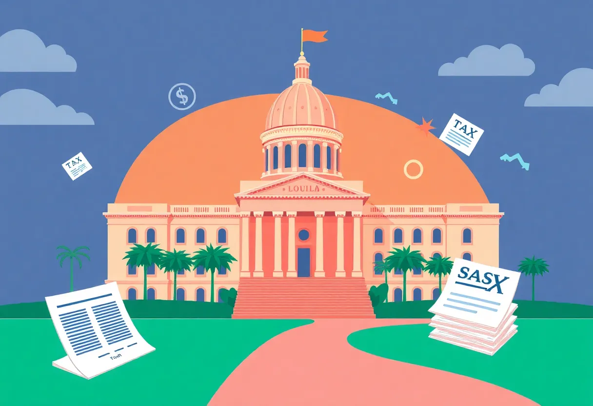 Illustration of Florida state capitol building with budget documents and tax symbols.