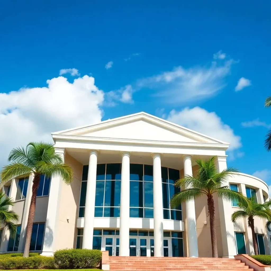 Exterior view of a Florida courthouse surrounded by palm trees.