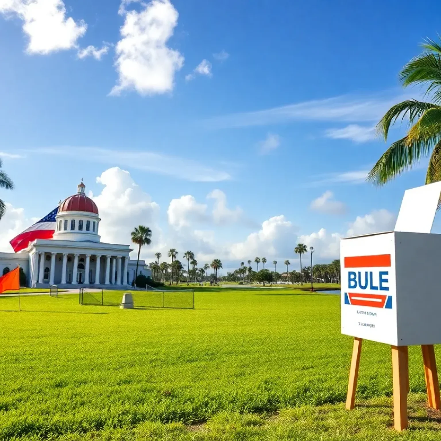 Visual representation of the Florida gubernatorial race with symbolic elements.