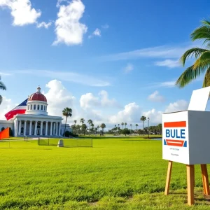 Visual representation of the Florida gubernatorial race with symbolic elements.