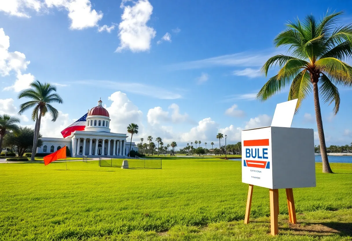 Visual representation of the Florida gubernatorial race with symbolic elements.