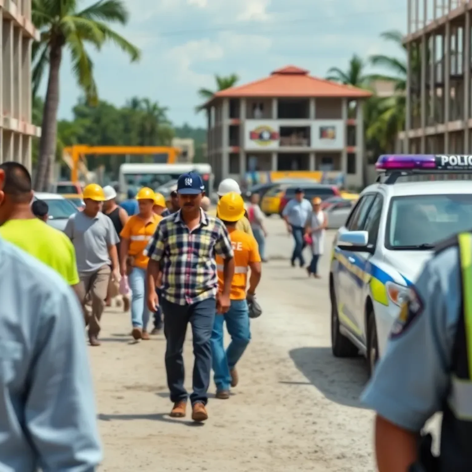 Construction workers on site with police presence reflecting immigration enforcement in Florida.