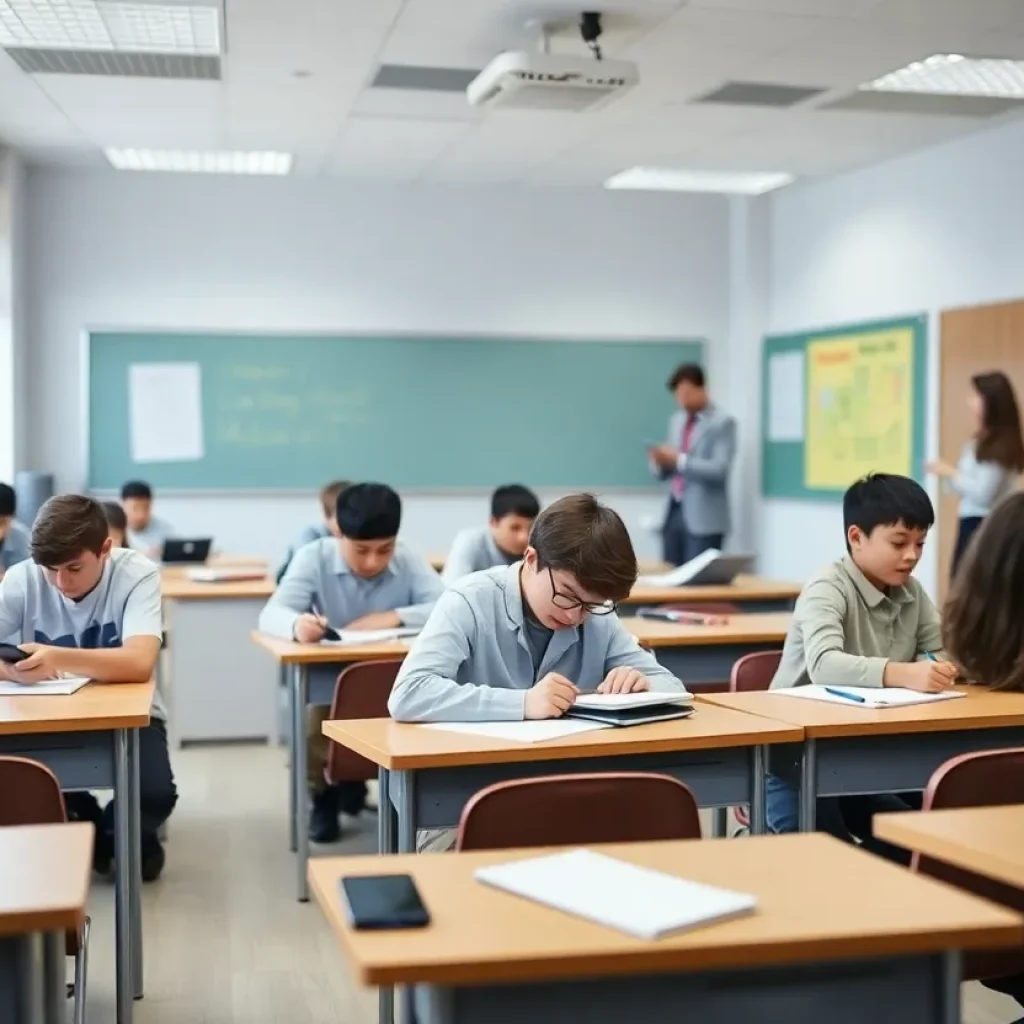 Students in a classroom under cell phone restrictions