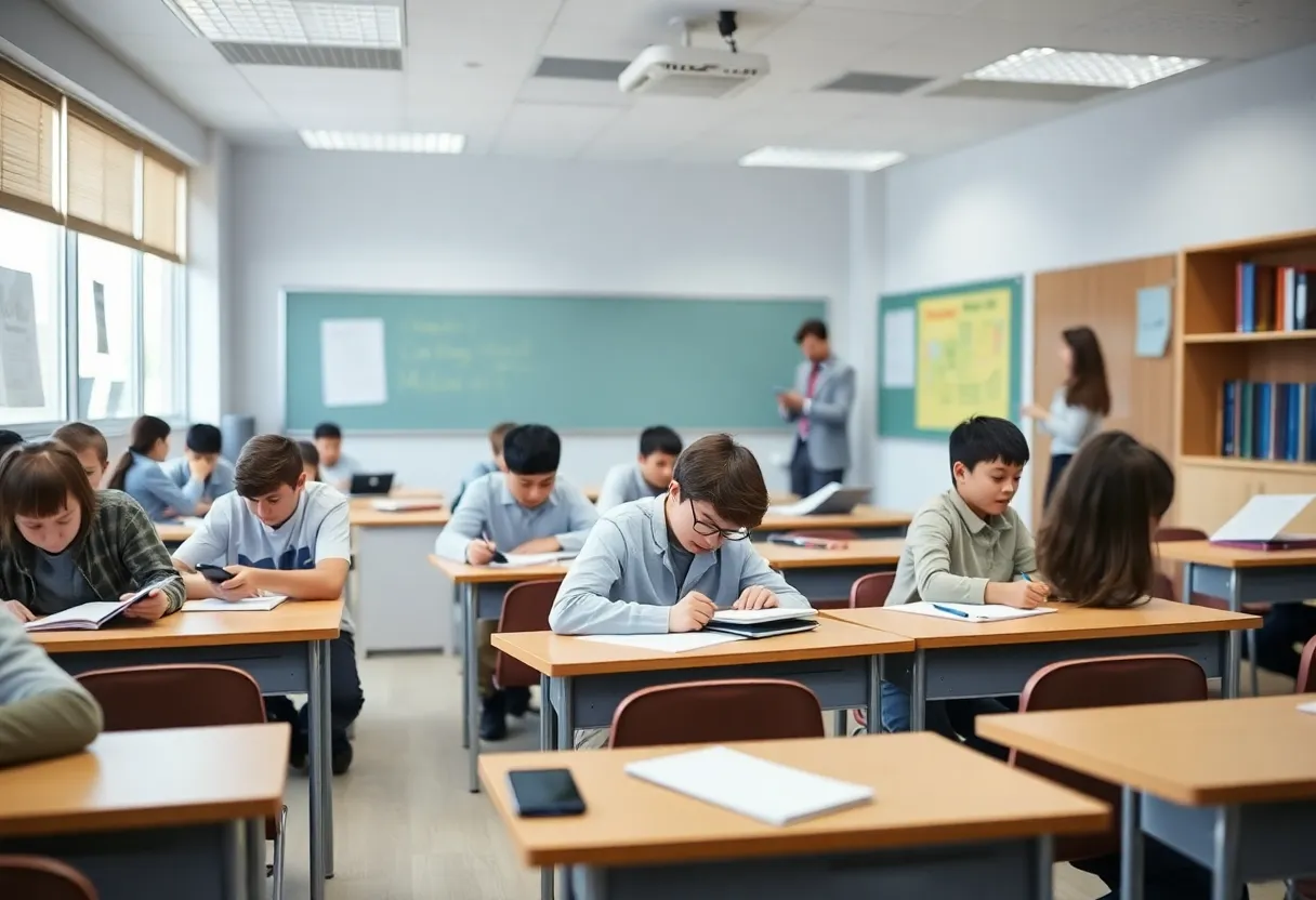 Students in a classroom under cell phone restrictions