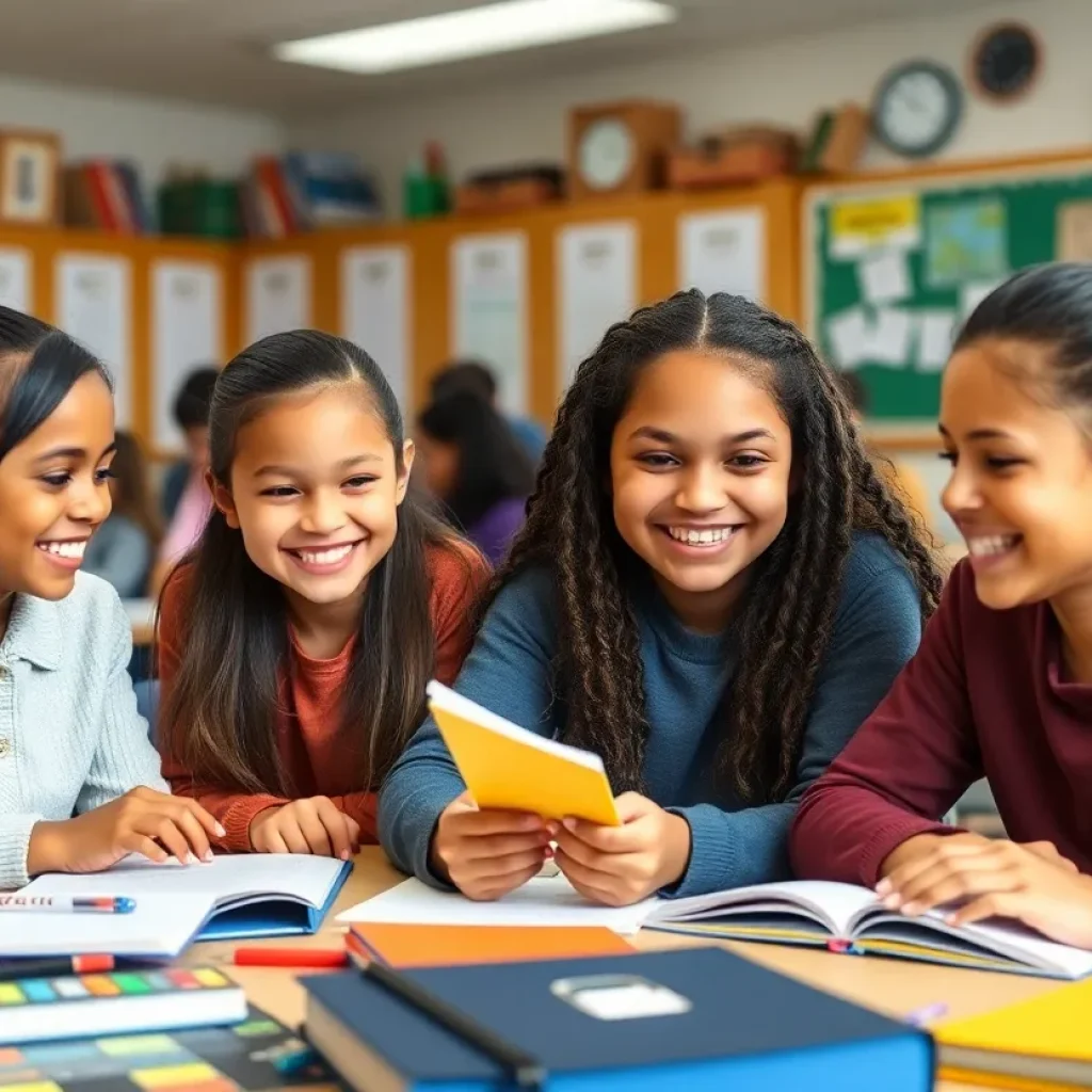 Diverse students collaborating in a classroom on educational projects