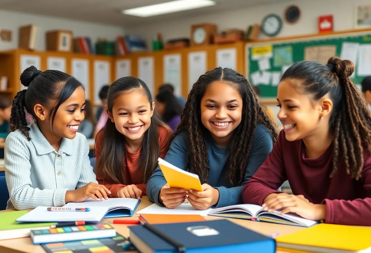 Diverse students collaborating in a classroom on educational projects