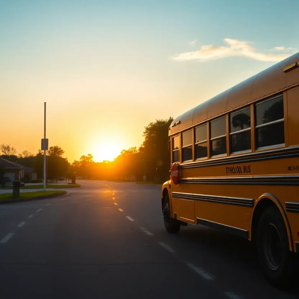 A school bus in the early morning light, symbolizing school start times.