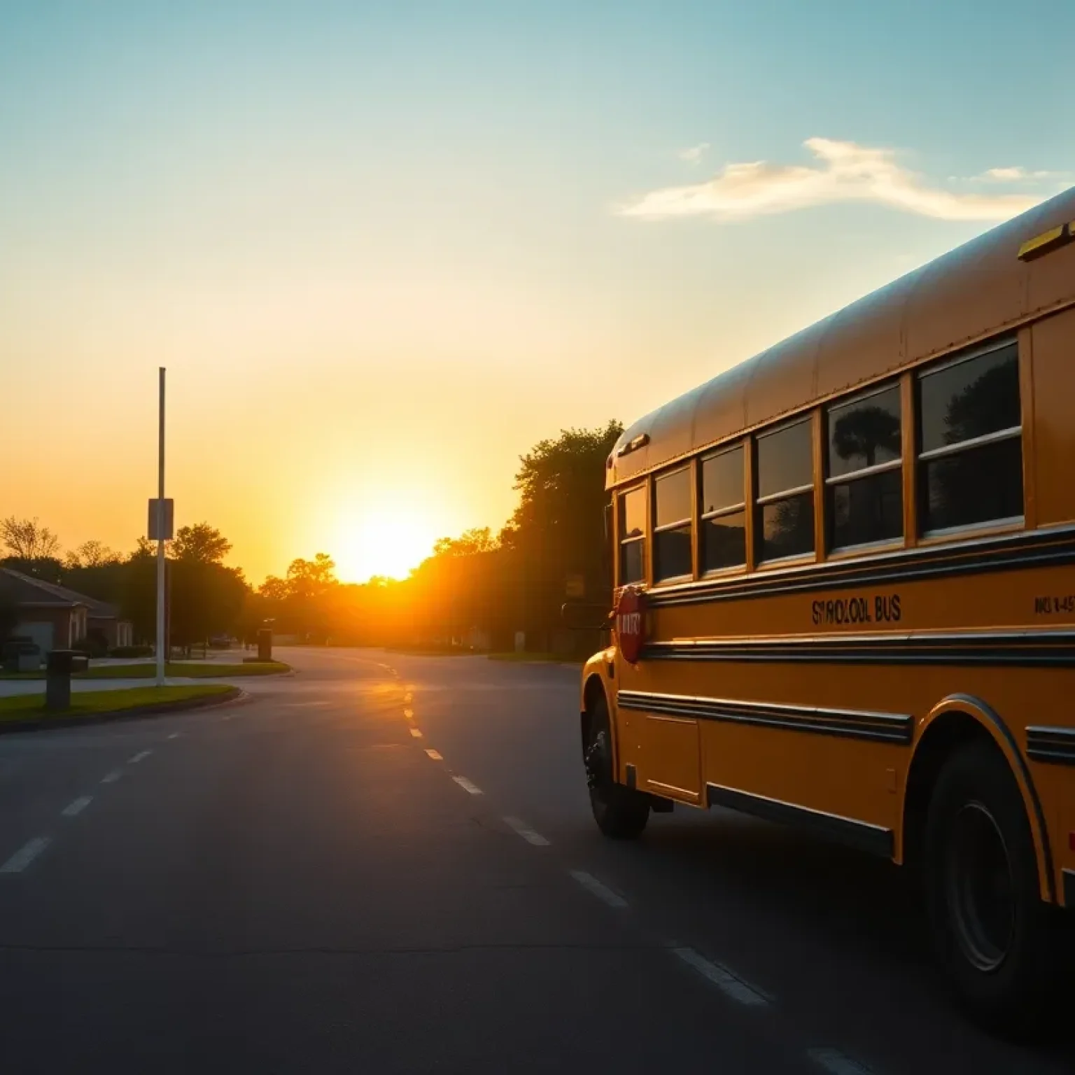 A school bus in the early morning light, symbolizing school start times.