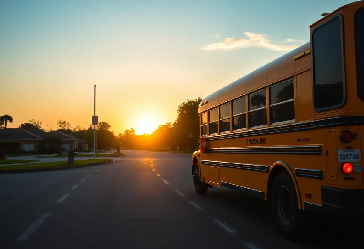 A school bus in the early morning light, symbolizing school start times.