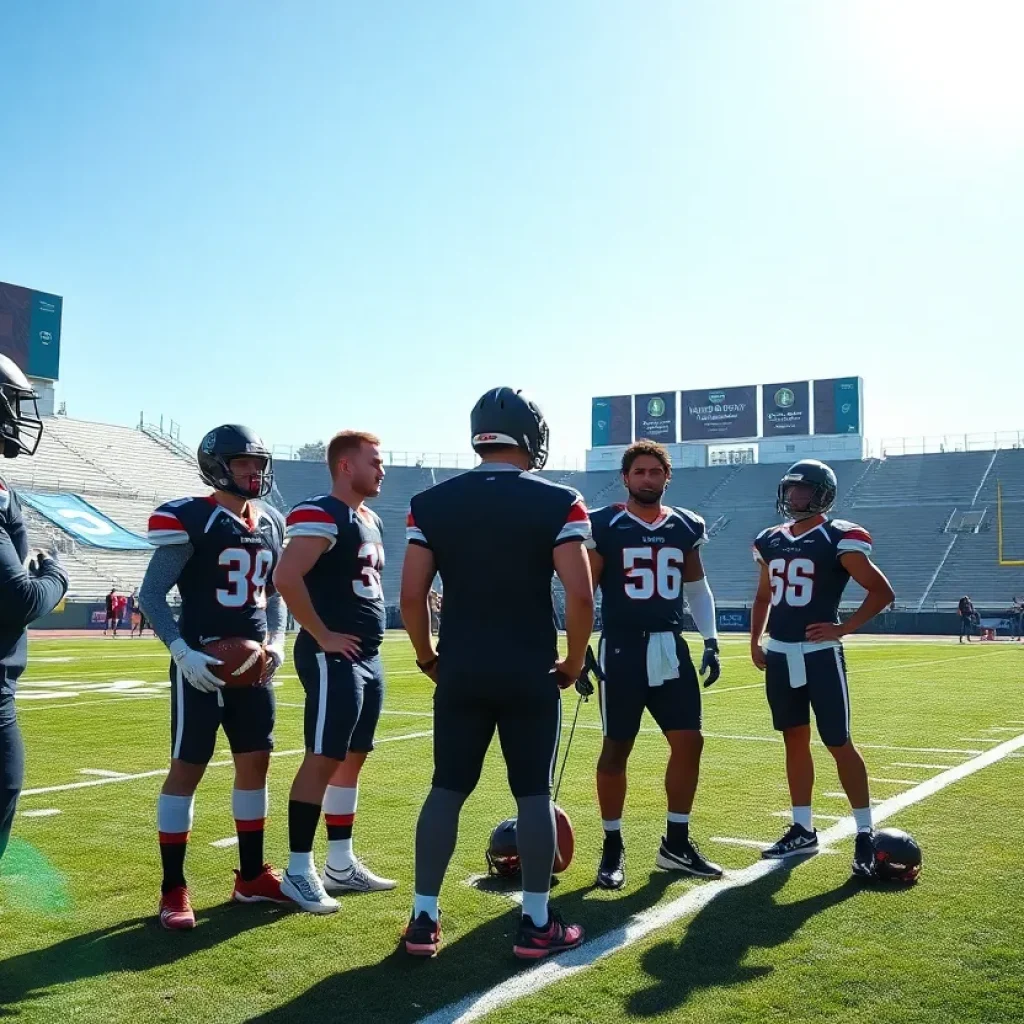 Football recruits discussing on field at Florida State University