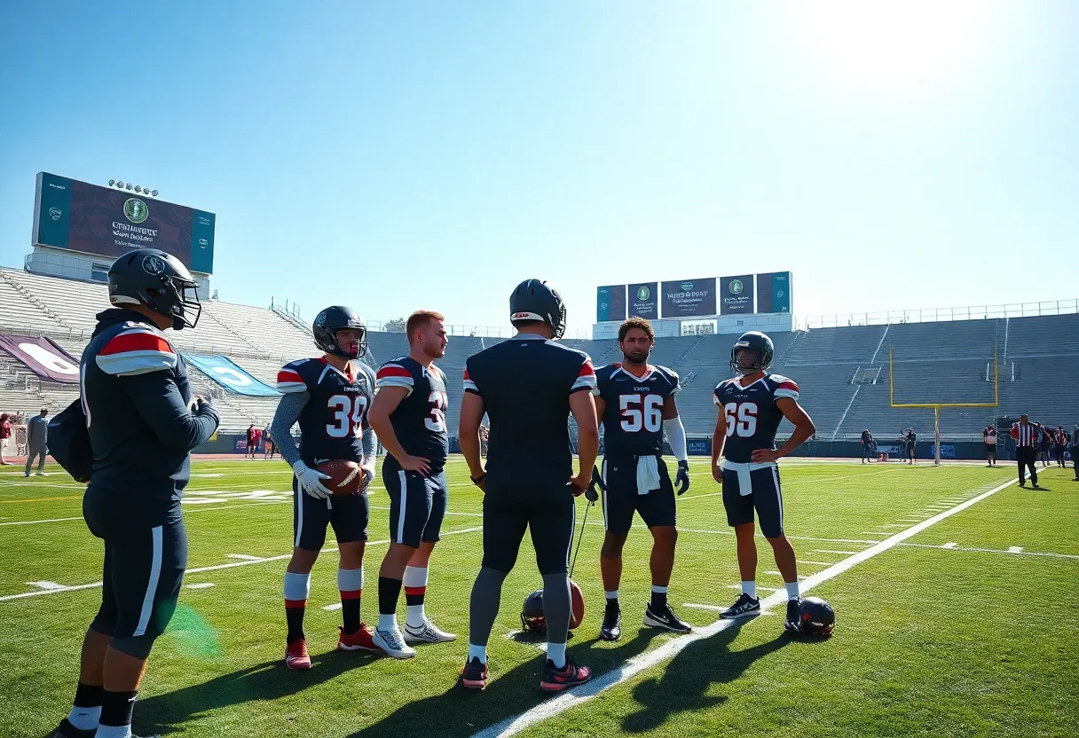 Football recruits discussing on field at Florida State University