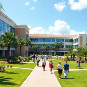 A busy public university campus in Florida with students
