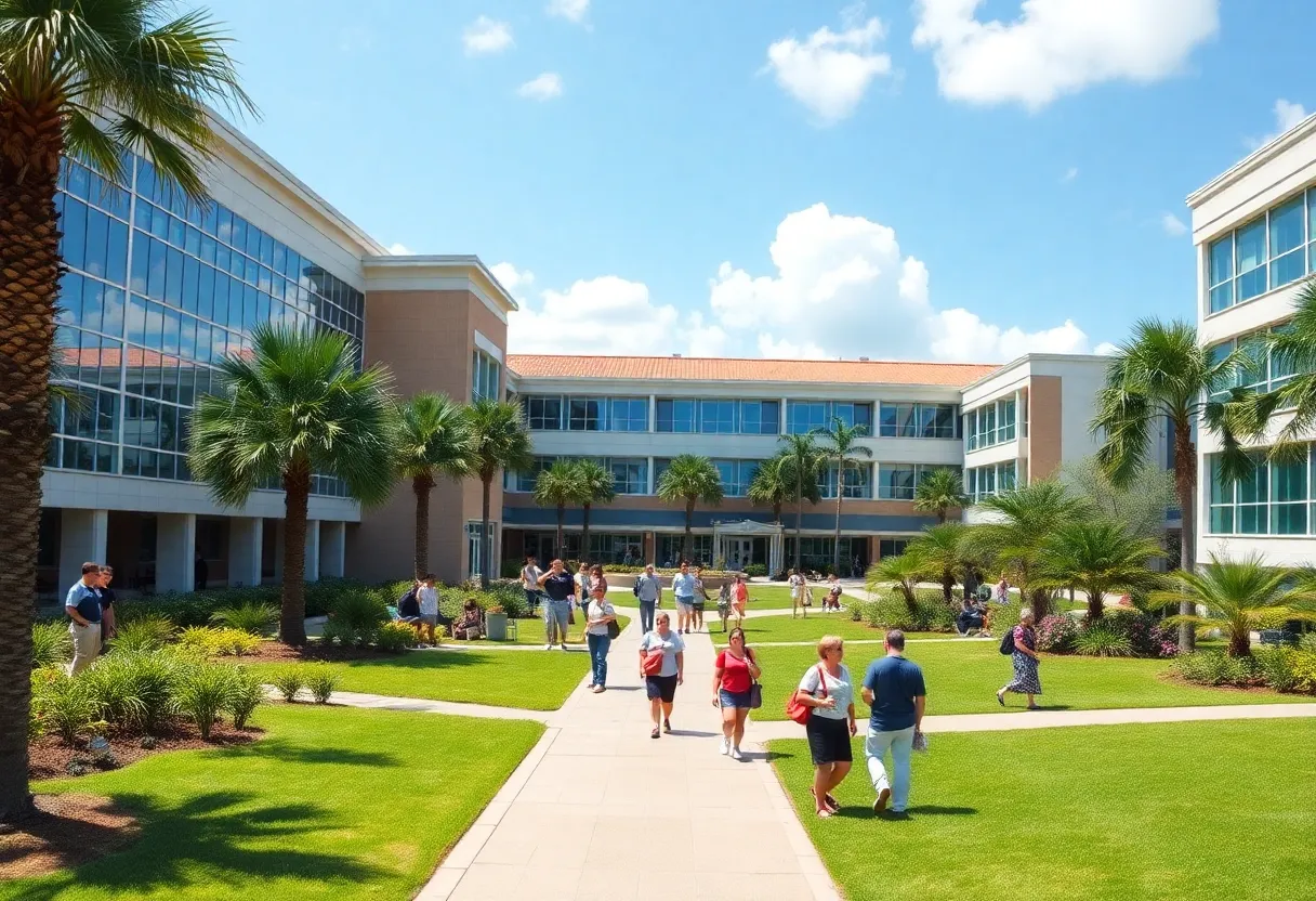 A busy public university campus in Florida with students