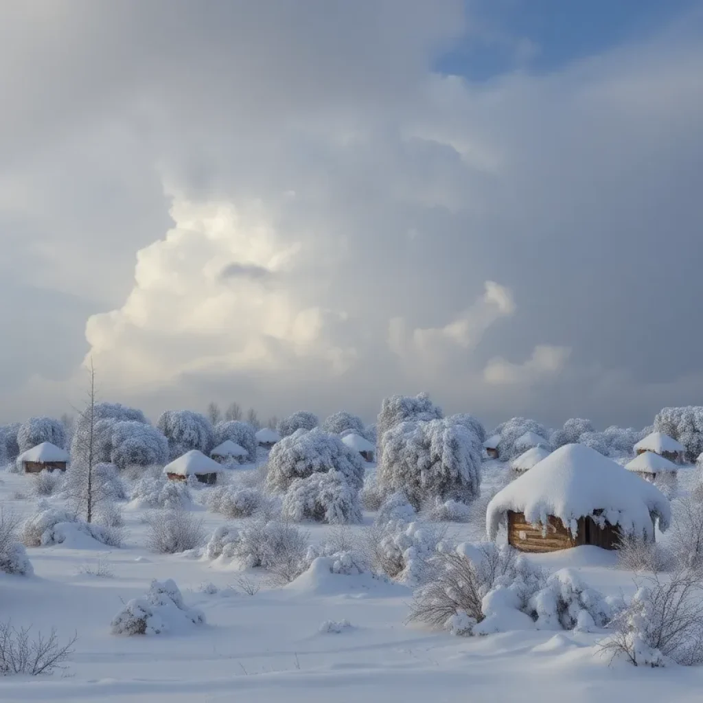 Severe winter weather in Florida with snow-covered ground and dark storm clouds