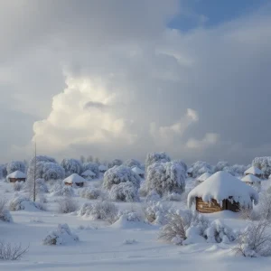 Severe winter weather in Florida with snow-covered ground and dark storm clouds