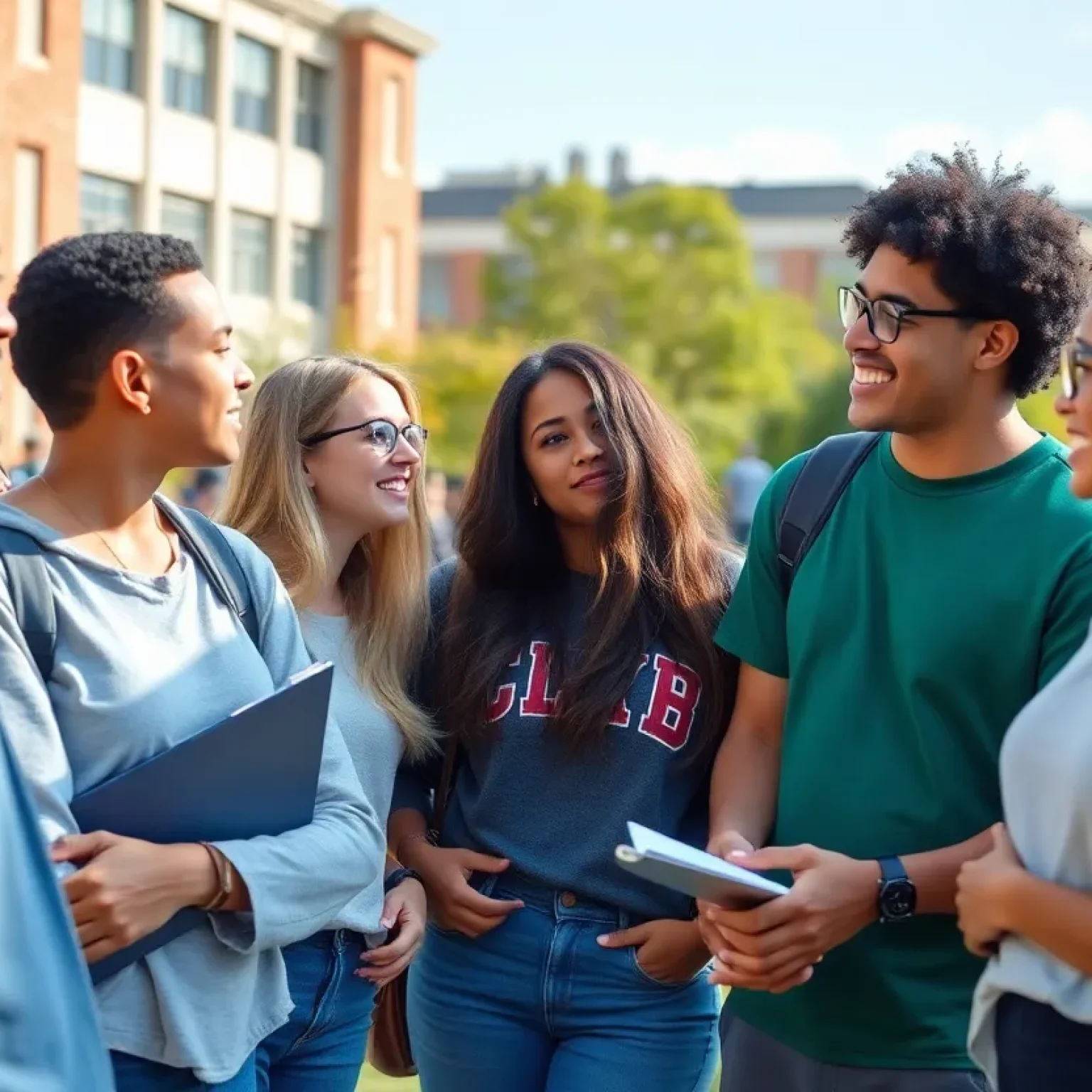 Students discussing university athletics on campus