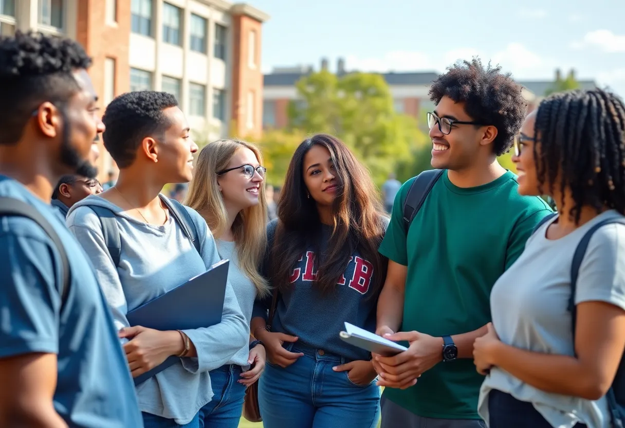 Students discussing university athletics on campus