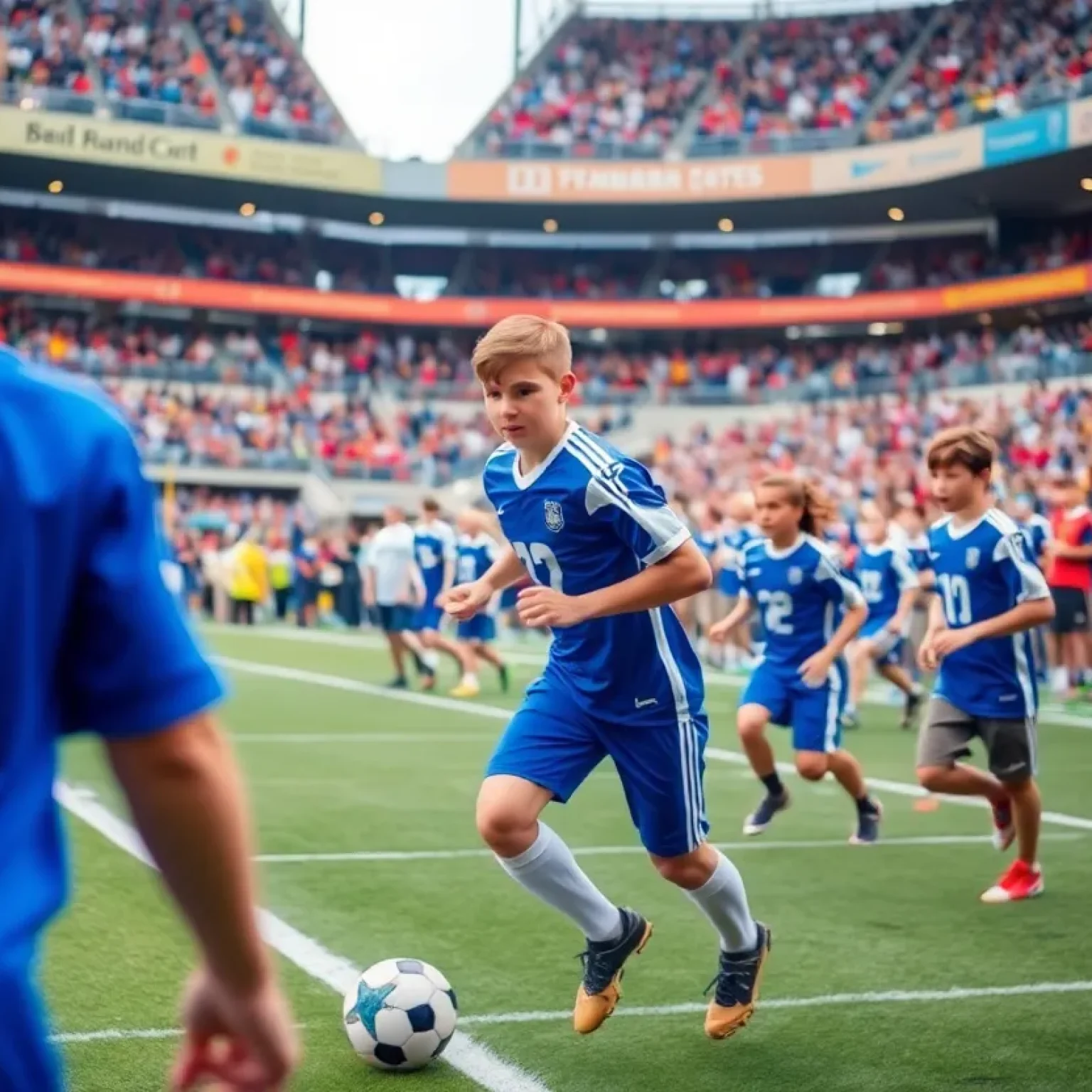 Young athletes participating in a football showcase at the Future 50 Event.