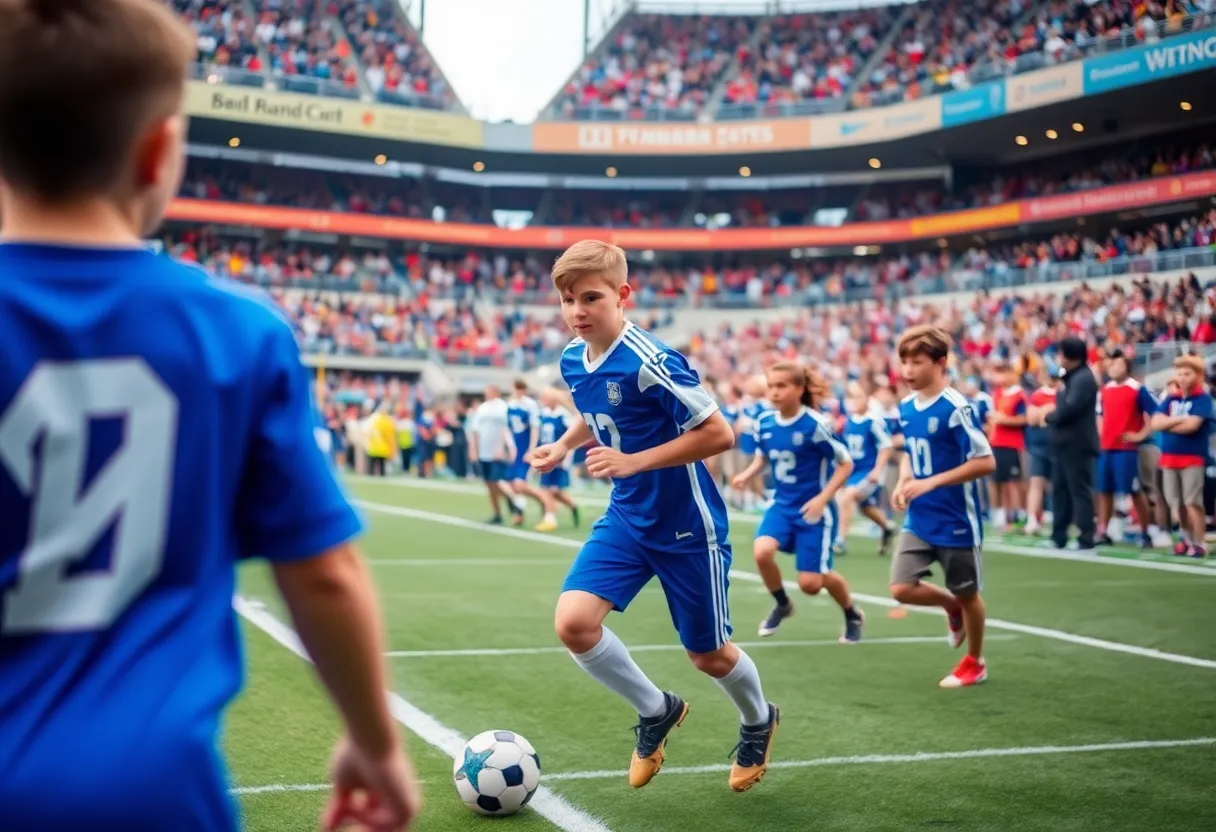 Young athletes participating in a football showcase at the Future 50 Event.