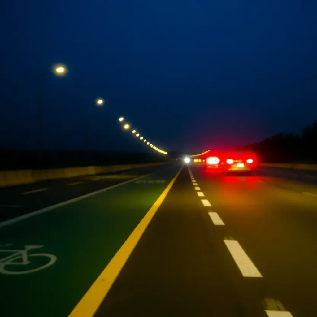 An empty highway scene at night with bicycle lane markings.