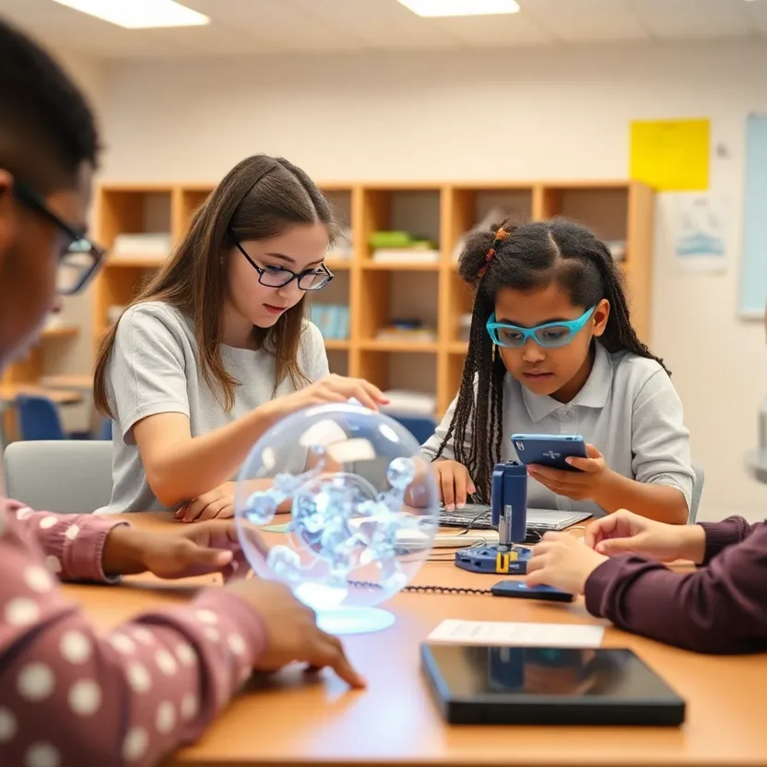 Students using AI tools in a middle school classroom for STEM education