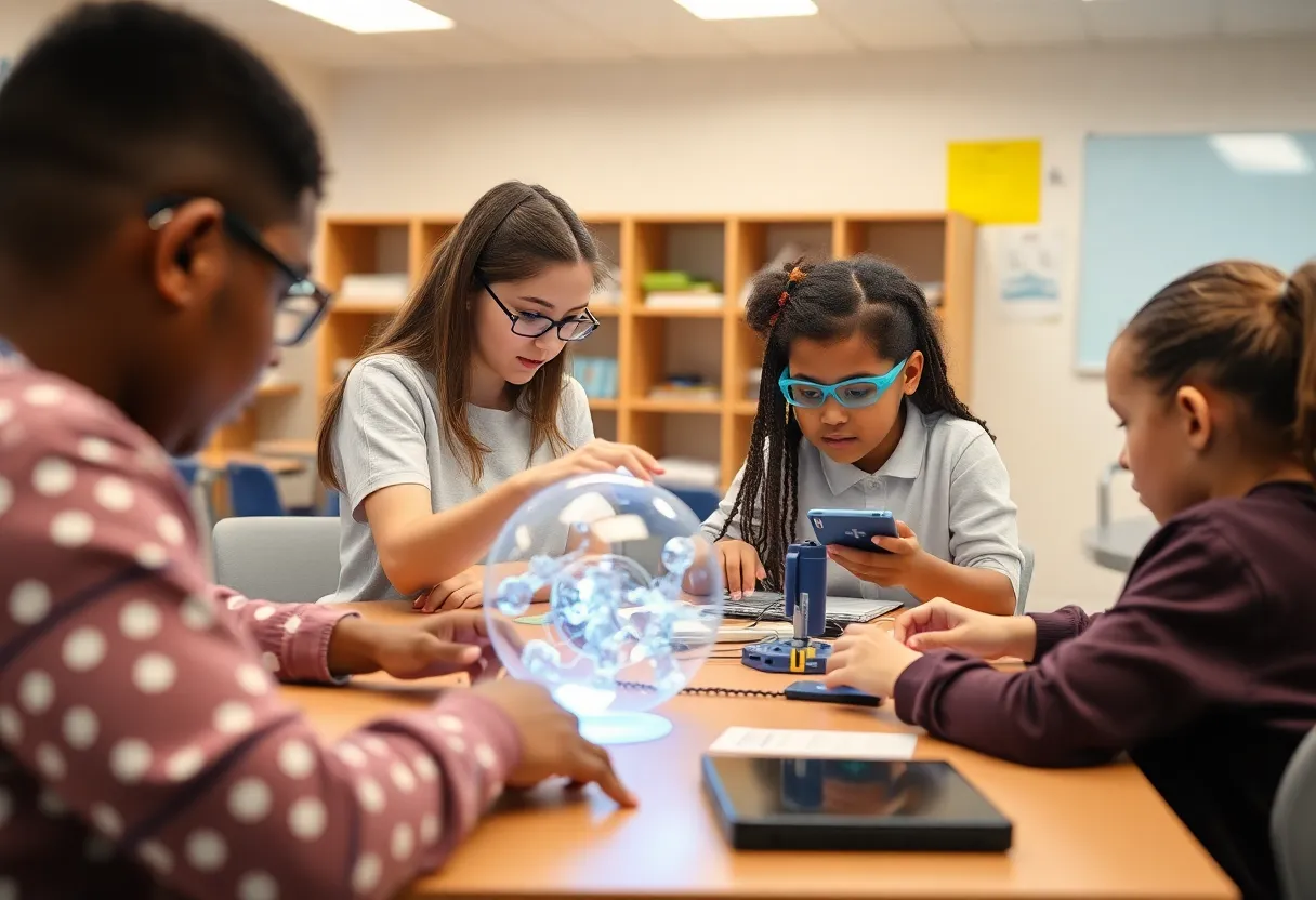 Students using AI tools in a middle school classroom for STEM education