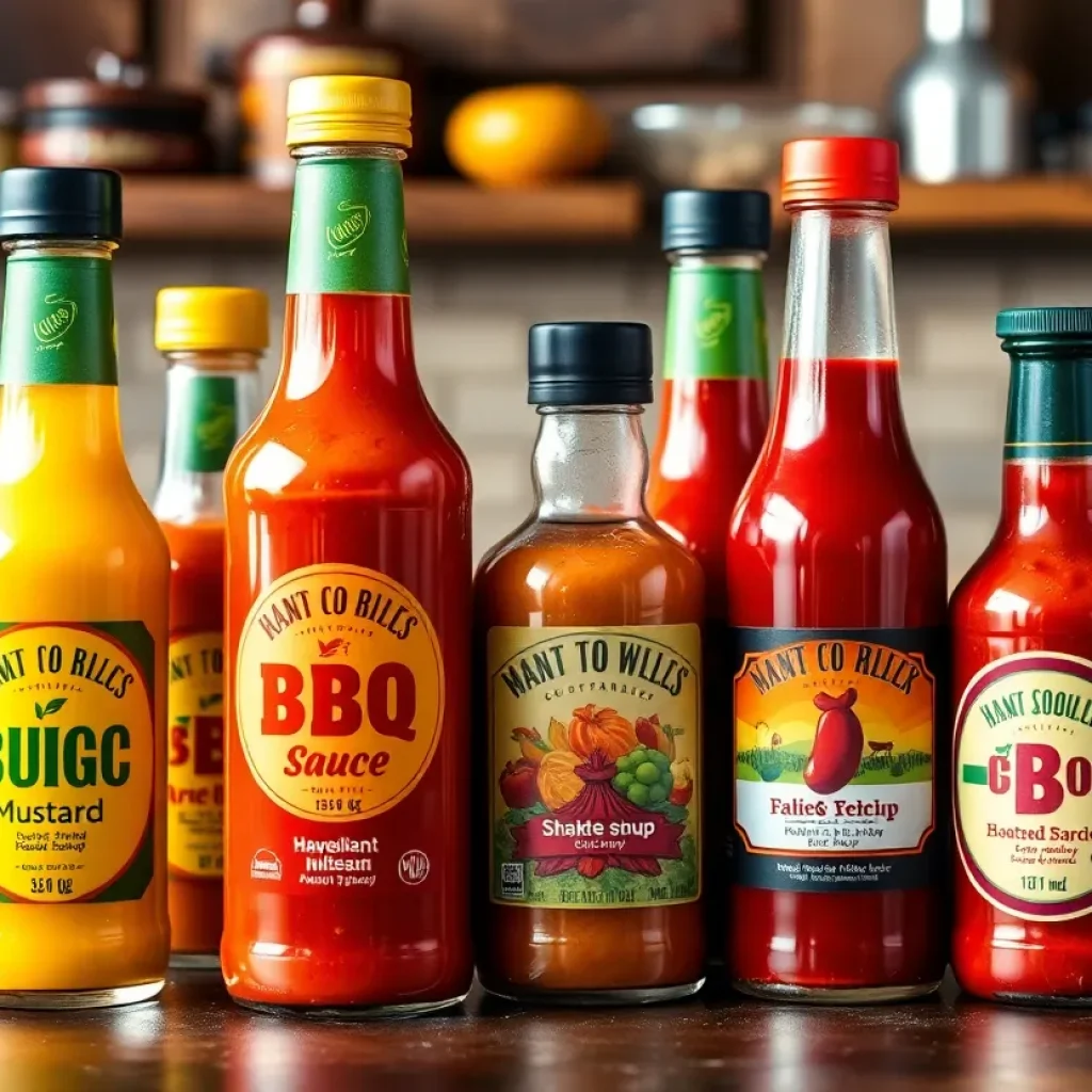 Bottles of Legacy Gold BBQ Sauce on a rustic kitchen countertop