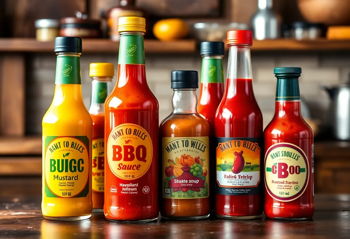 Bottles of Legacy Gold BBQ Sauce on a rustic kitchen countertop