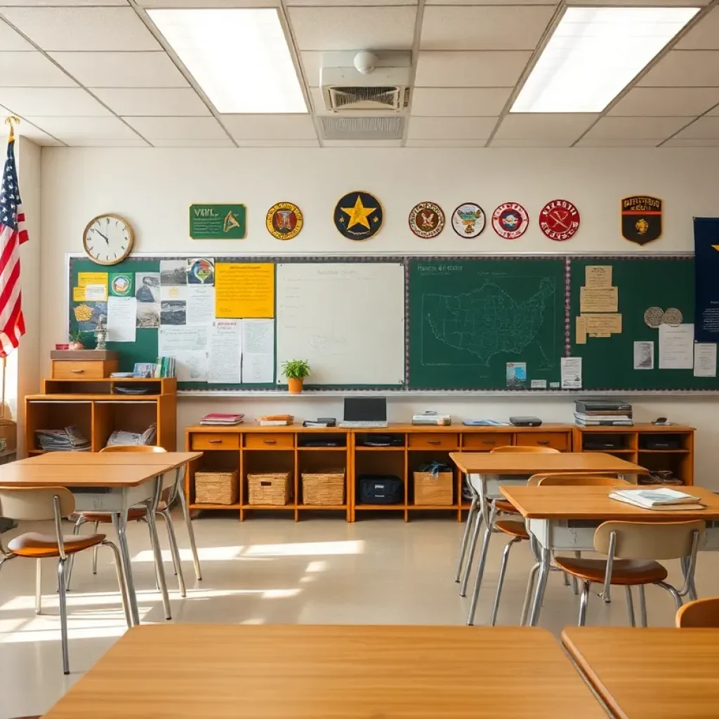 A classroom filled with educational resources and military symbols.